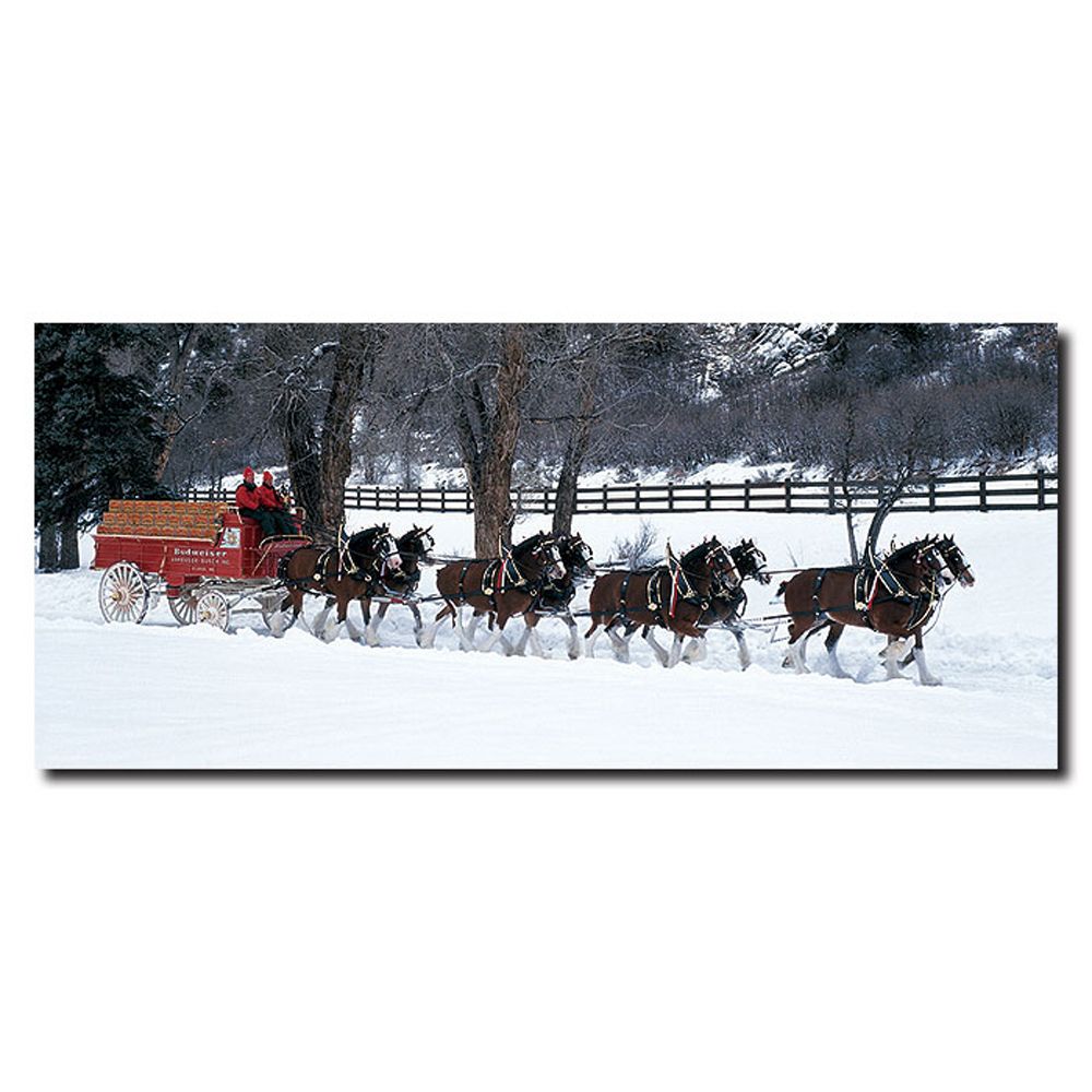 Trademark Global 14x32 inches "Budweiser Clydesdales in Snow Covered Field w/ Fence"