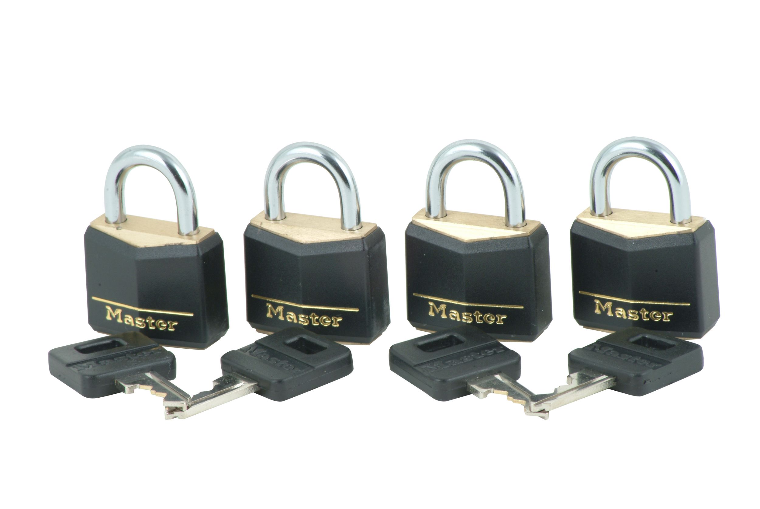 Master Lock 1-3/16 in. Covered Brass Padlock, 4 Pk., Black