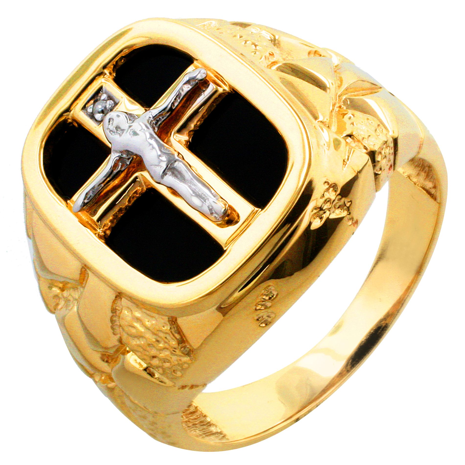 PRICE DROP! Mens Onyx 10K Yellow Gold Crucifix Ring