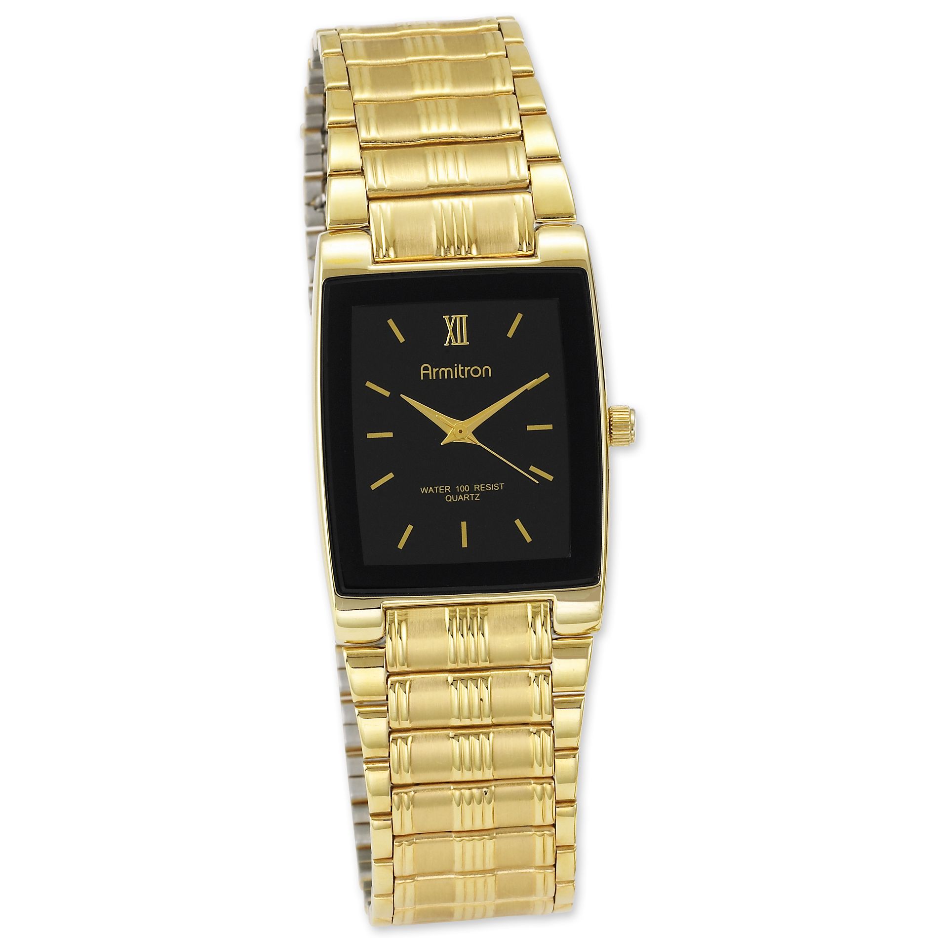 Armitron Mens Dress Watch with Black Rectangle Dial and Goldtone Band