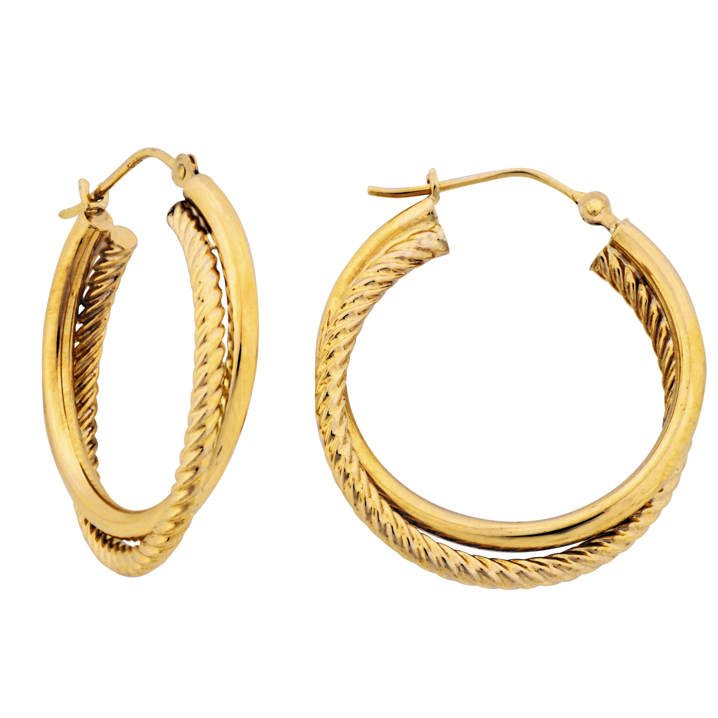 2x23 MM Polished and Etched Double Spiral Hoop Earrings. 14K Yellow Gold