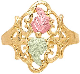 Two Leaf Filigree Ring. 10K Yellow, 12K Pink and 12K Green Gold