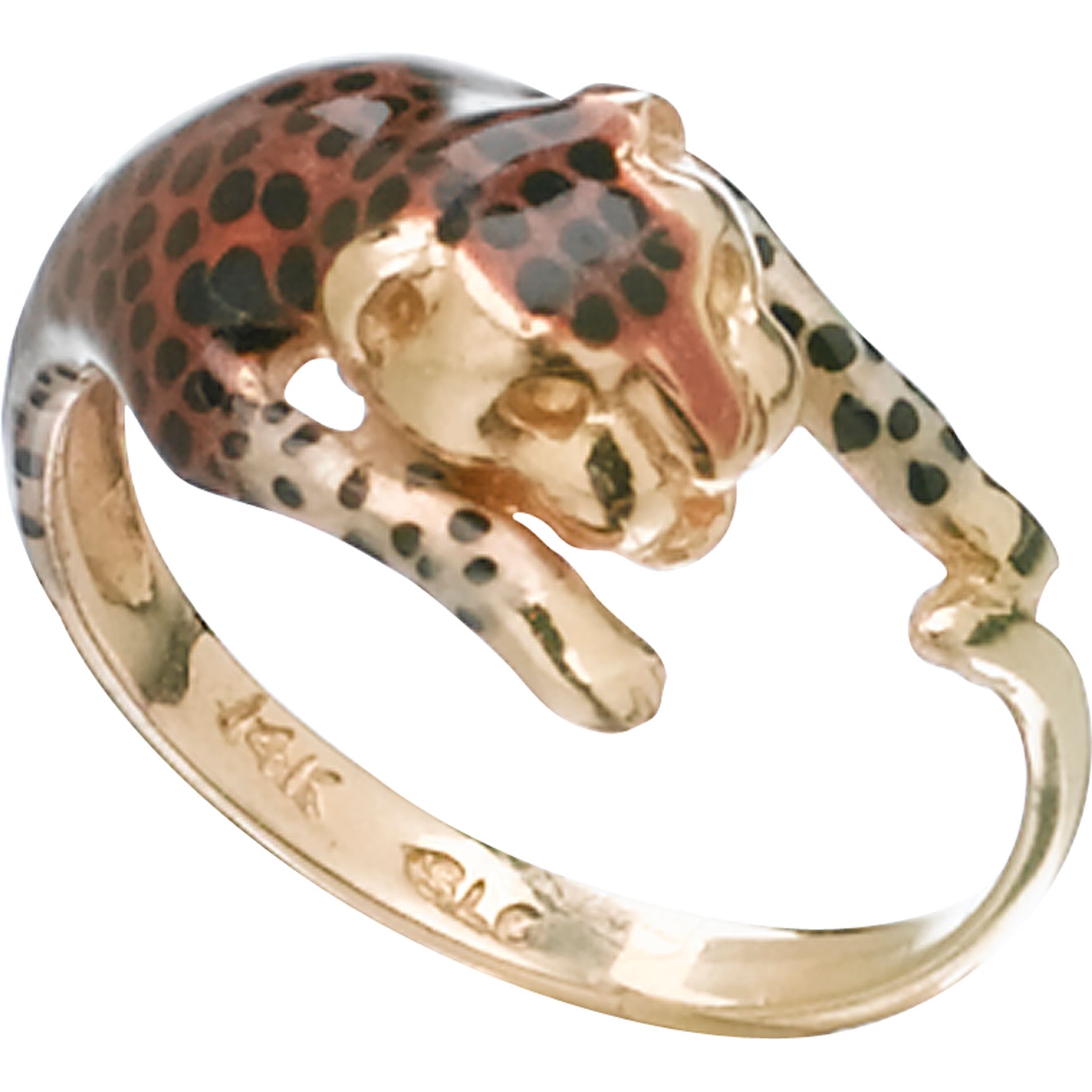 Leopard Head Enamel Ring. 14K Yellow Gold