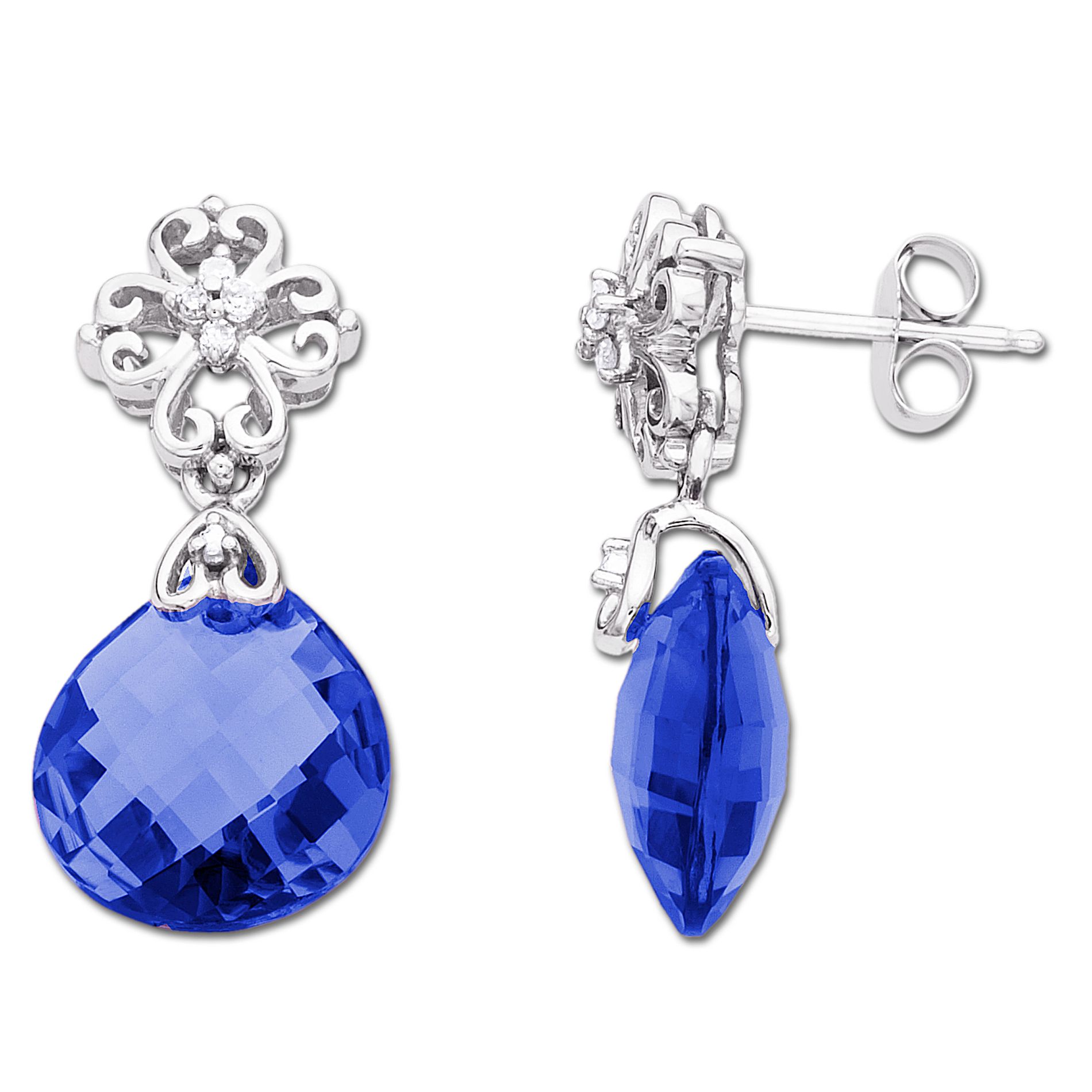 Created Sapphire Briolette Drop Earrings With Diamond Accent
