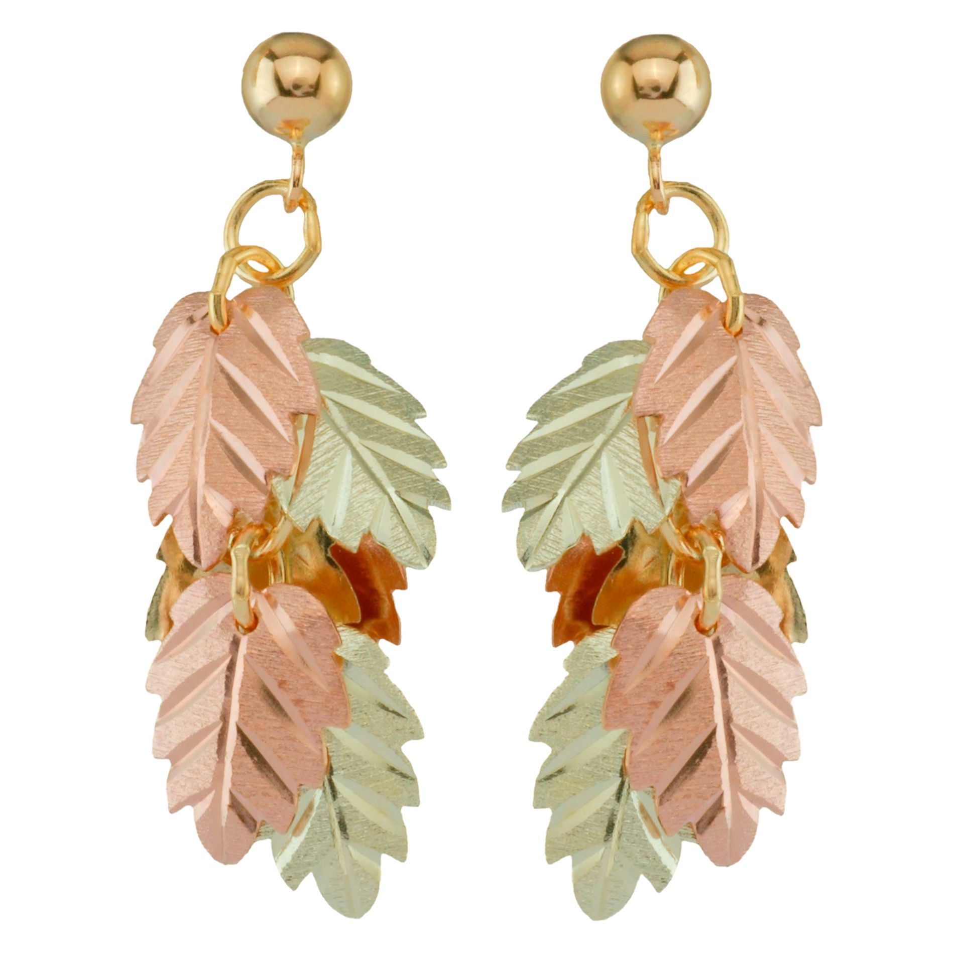 Black Hills Gold Tricolor 10K Dangling Leaf Cluster Earrings