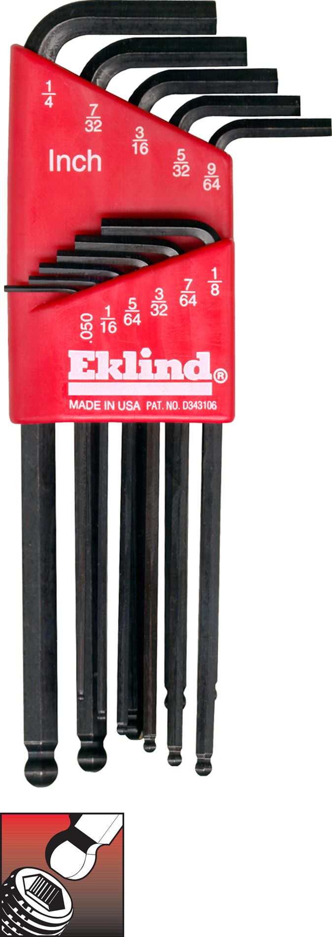 Eklind&#174 Ball-Hex-L&#8482 Hex Key Set, Long Series, 11 keys: .050 to 1/4 Inch & Holder