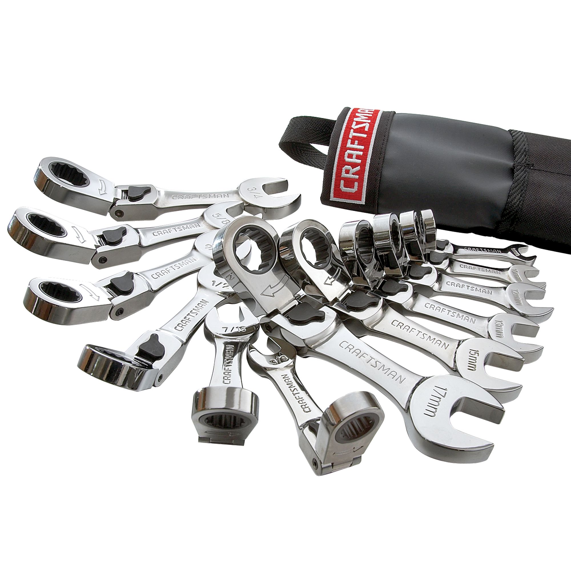Craftsman 12 pc. Full Polish Stubby Locking Flex Ratcheting Wrenches w/ Deluxe Roll Pouch