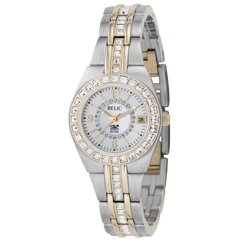 Relic Ladies Calendar Date Watch w/Crystal White Mother-of-Pearl Dial &  GT/ST Band