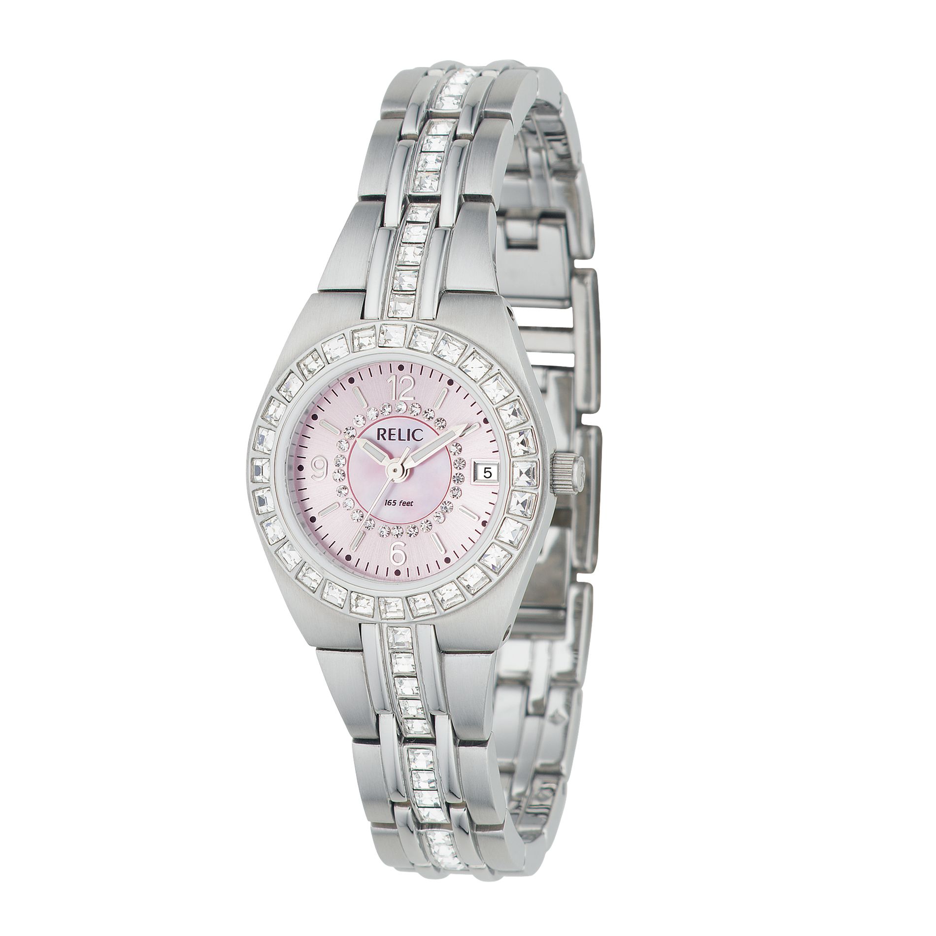 Relic Ladies Calendar Date Watch w/Crystal Pink Mother-of-Pearl Dial & ST Link Band