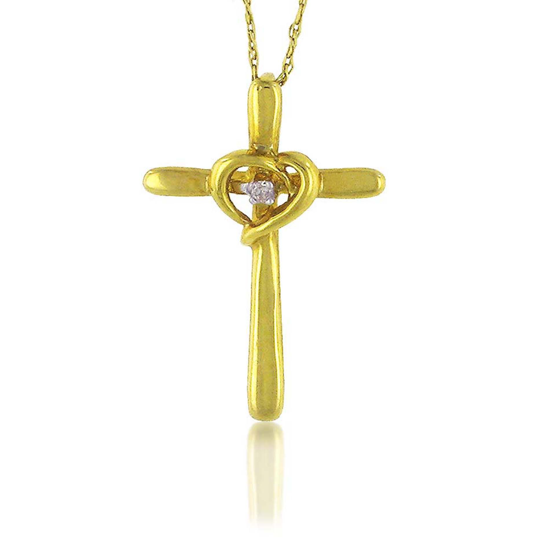 Diamond Accent Cross and Heart Pendant. 10k Yellow Gold