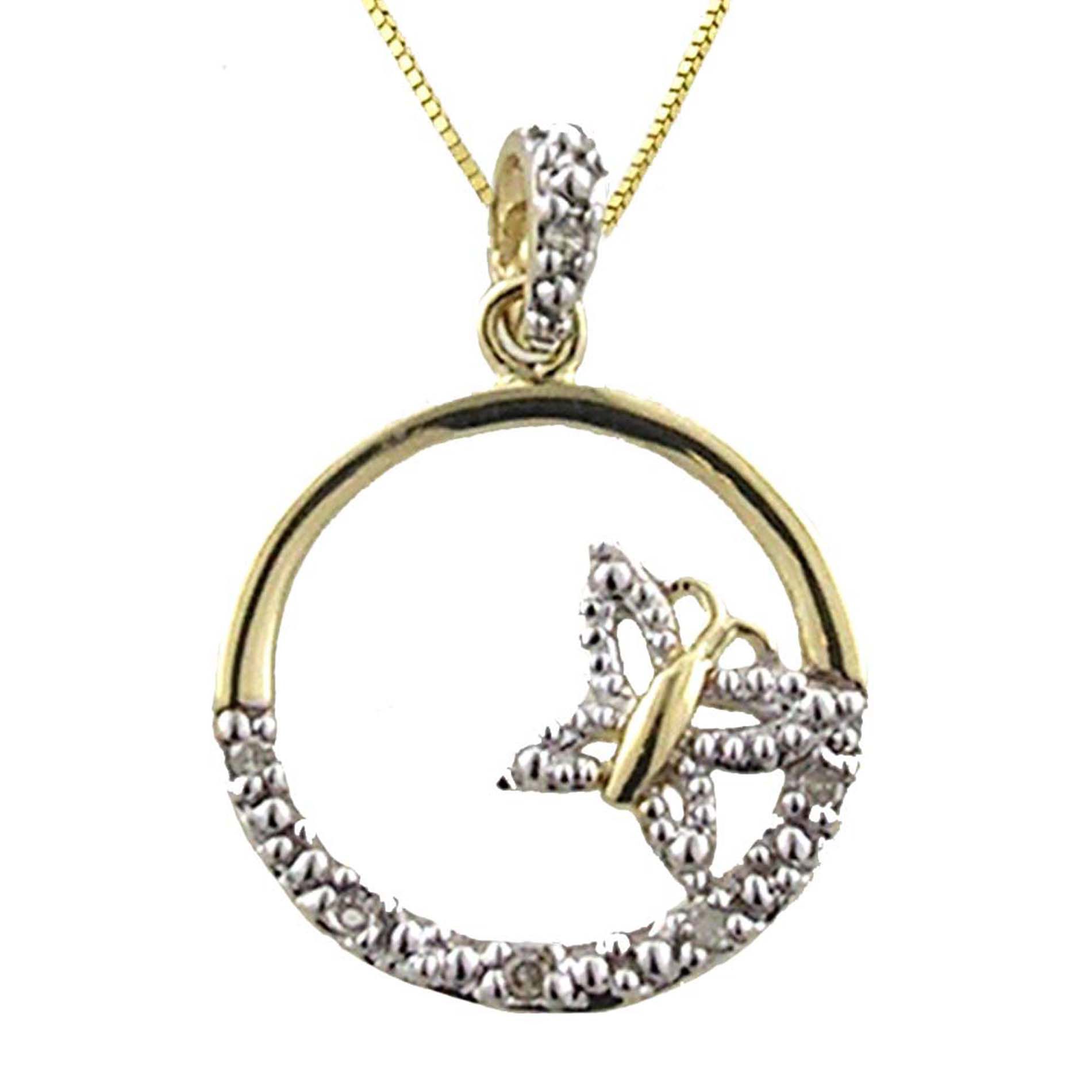 Diamond Accent Circle and Butterfly Pendant. 10k Yellow Gold