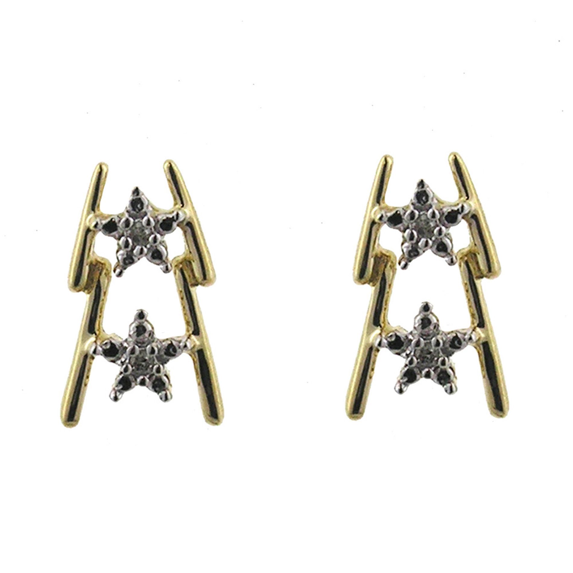 Diamond Accent Double Star Ladder Earrings. 10k Yellow Gold
