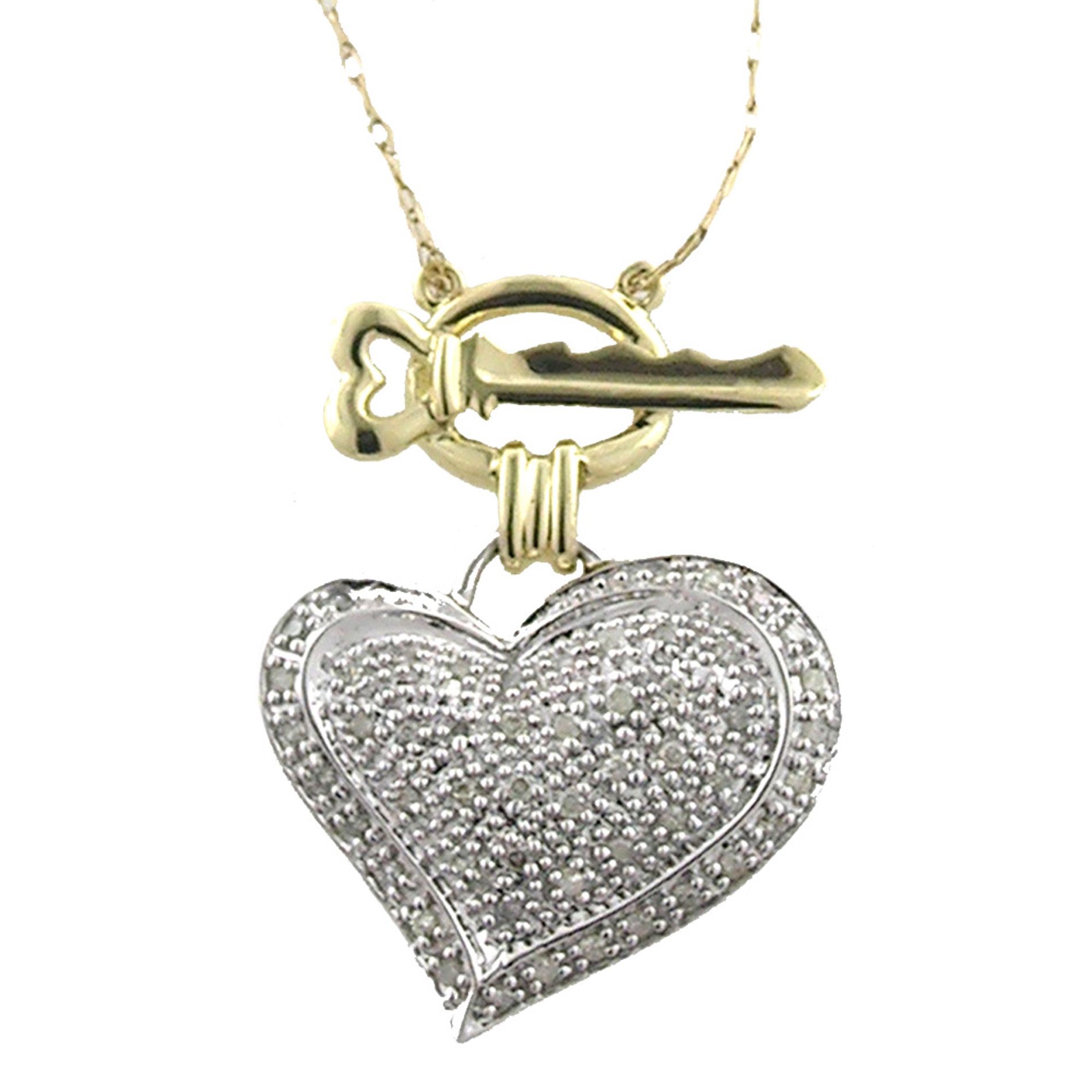 1/4 cttw Diamond Heart/Key Pendant. 10k White and Yellow Gold