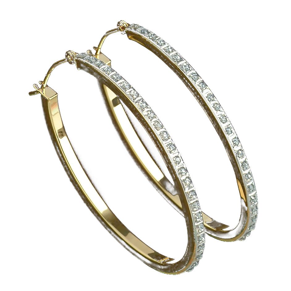 Diamond Oval Hoop Earrings. 14K Yellow Gold