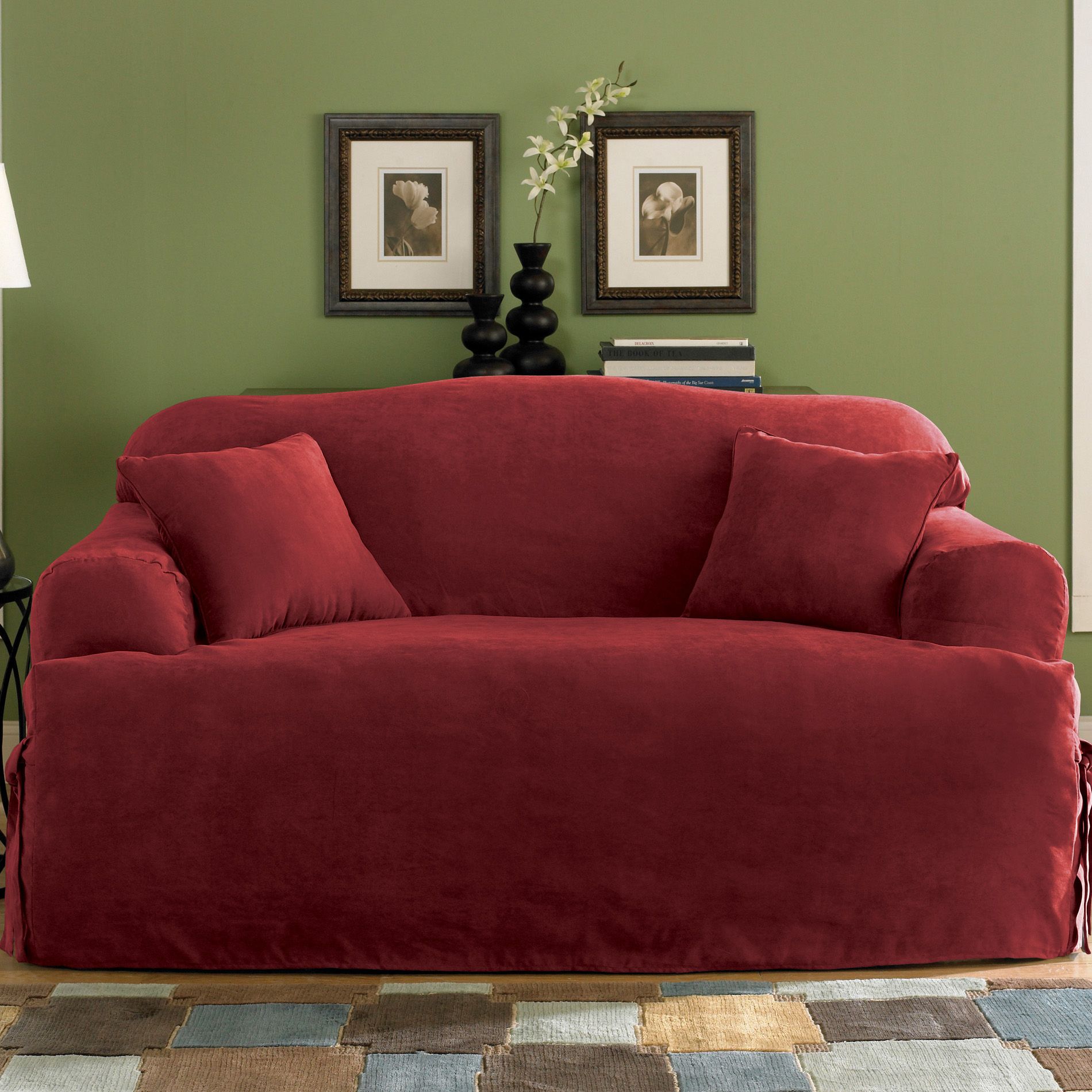 Sure Fit Soft Suede Burgundy T-Cushion Sofa Slipcover