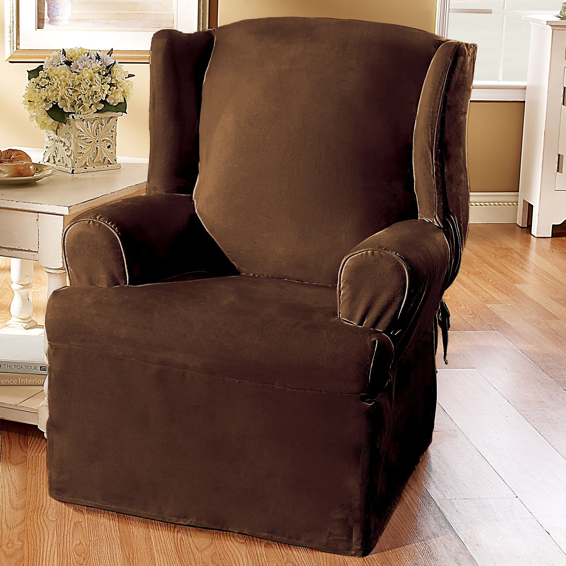 Sure Fit Soft Suede Chocolate Wing Chair Slipcover