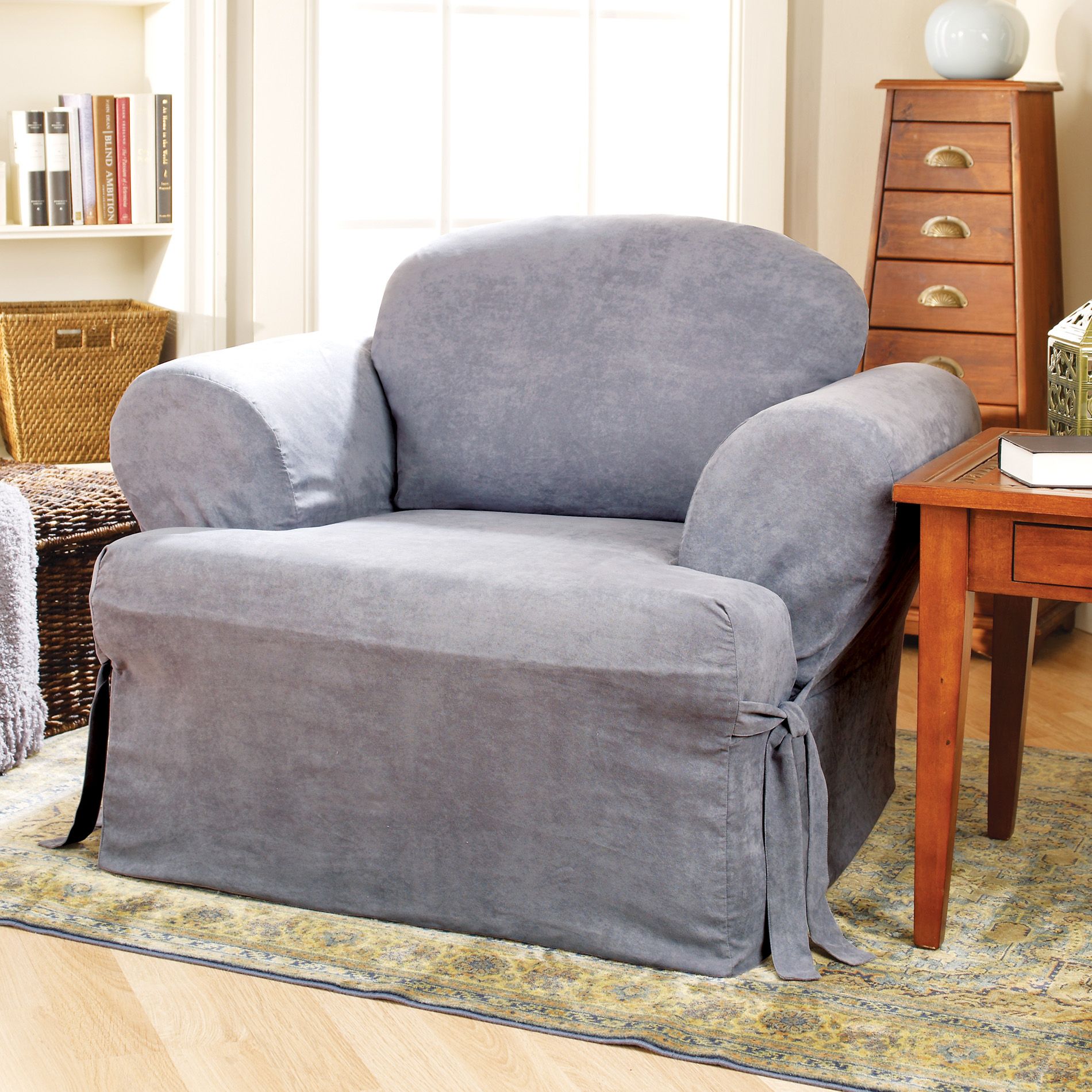 Sure Fit Soft Suede Smoke Blue T-Cushion Chair Slipcover