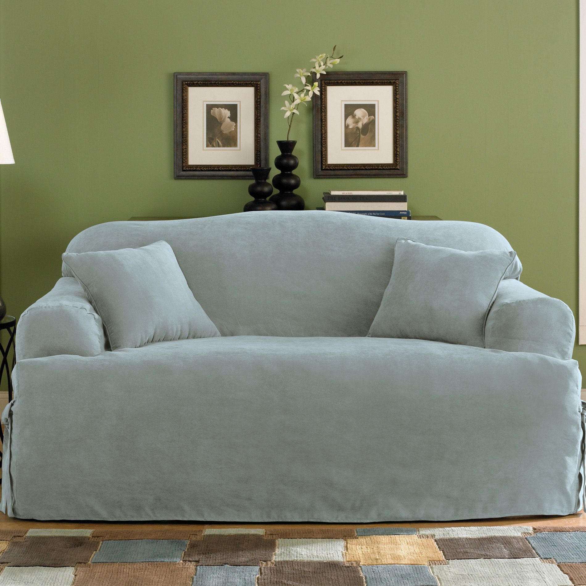 Sure Fit Soft Suede Smoke Blue T-Cushion Sofa Slipcover