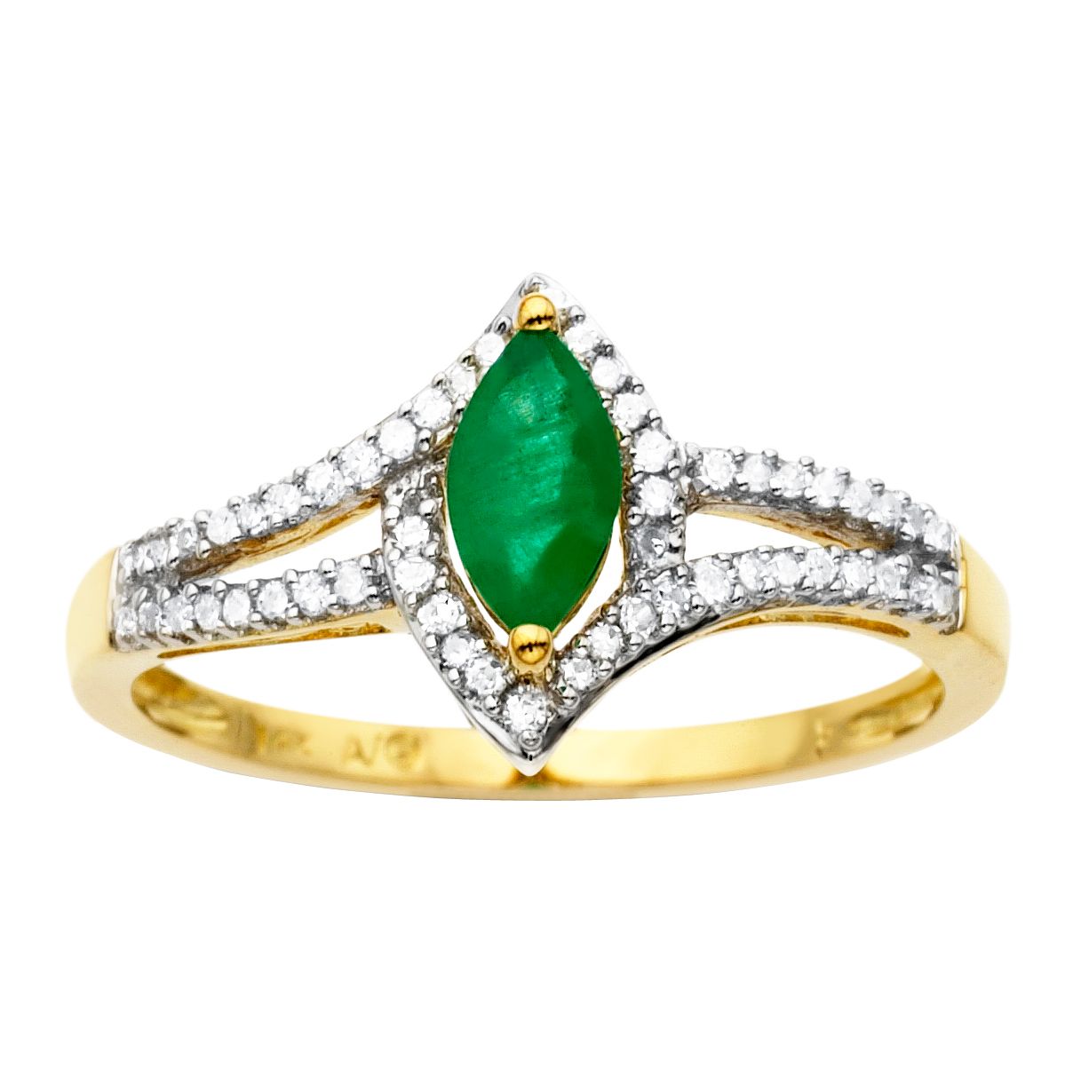PRICE DROP! Navette Emerald and Diamond Ring. 10K Yellow Gold