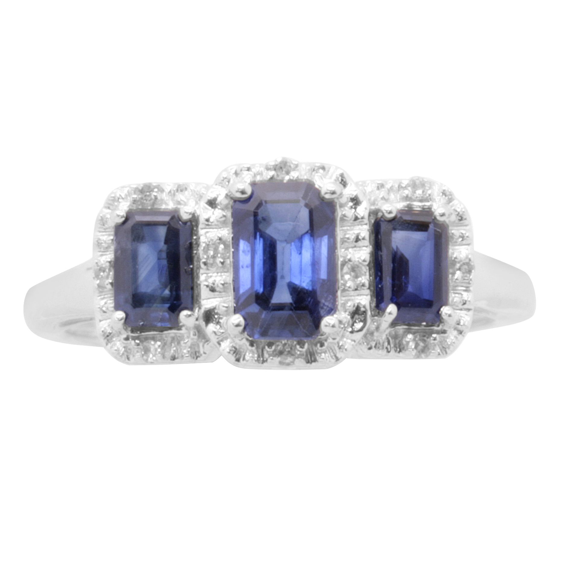 Created 3 Stone Ceylon Sapphire and Diamond Ring. 10K White Gold