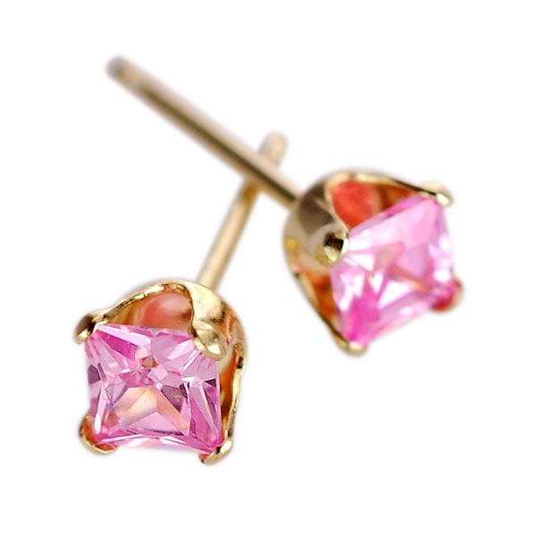 Childs Cubic Zirconia Pink Princess Cut Stud Earrings. 14K Yellow Gold