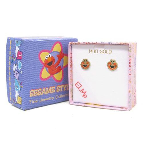 Childs Elmo Enamel Stud Earrings. 14K Yellow Gold