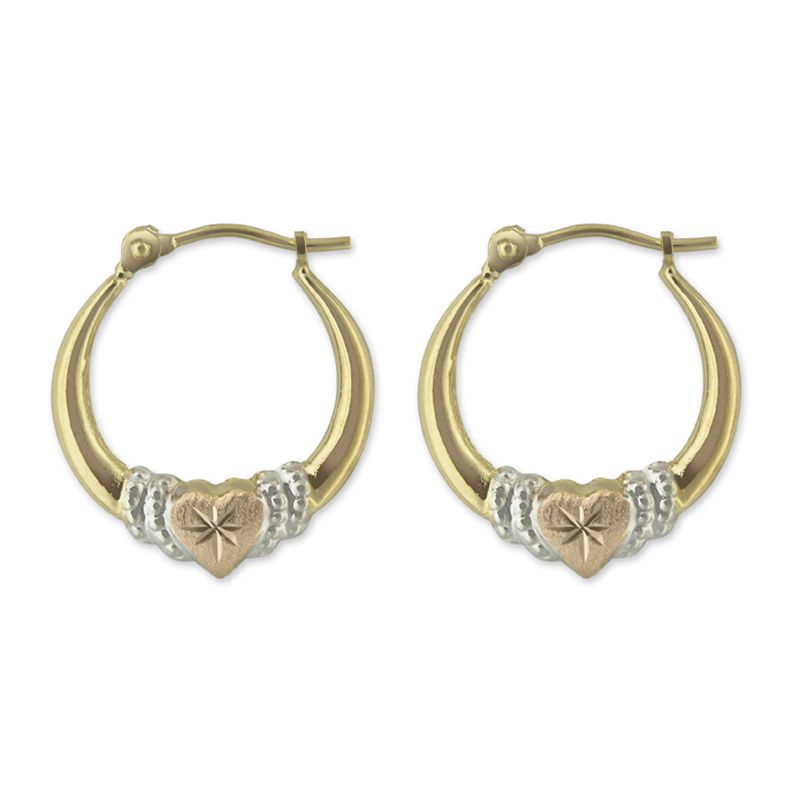 14k Tri-Color Heart Hoop Earrings, White 14k Tri-Color Heart Hoop Earrings, White