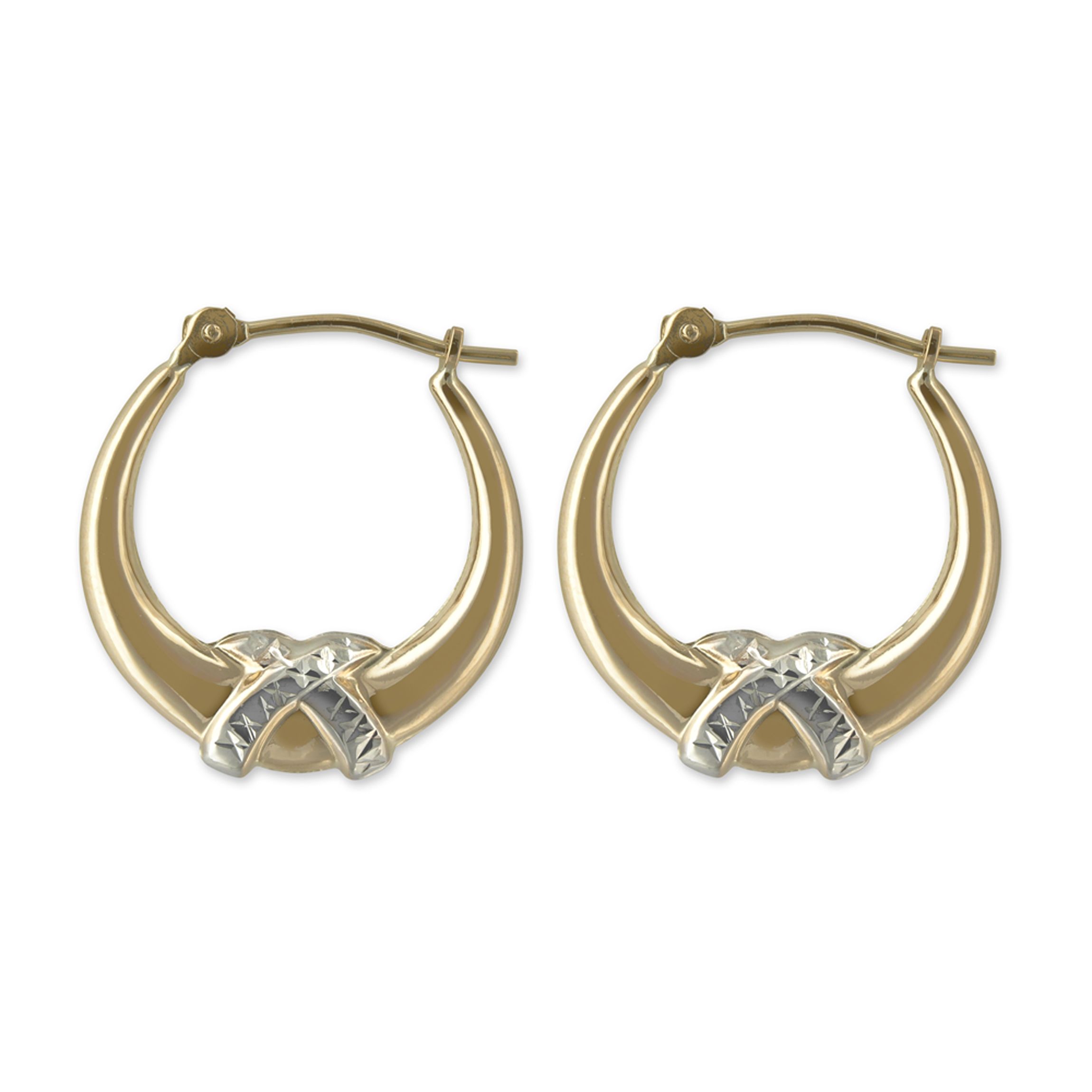 14k Two-tone Round Hoop Earrings with White Diamond Cut Accents, Size: Large 14k Two-tone Round Hoop Earrings with White Diamond Cut Accents, Size: Large