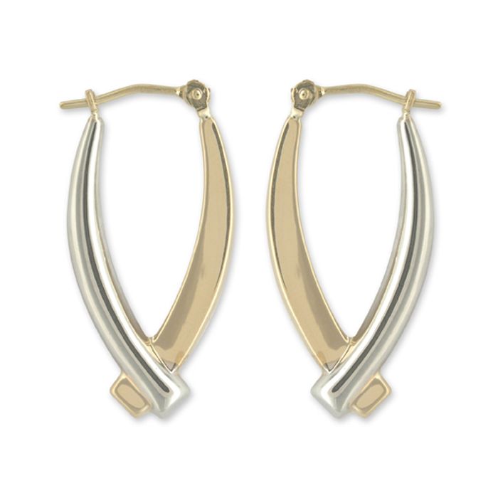 14k Two-tone Elongated Crossed Hoop Earrings, Yellow 14k Two-tone Elongated Crossed Hoop Earrings, Yellow