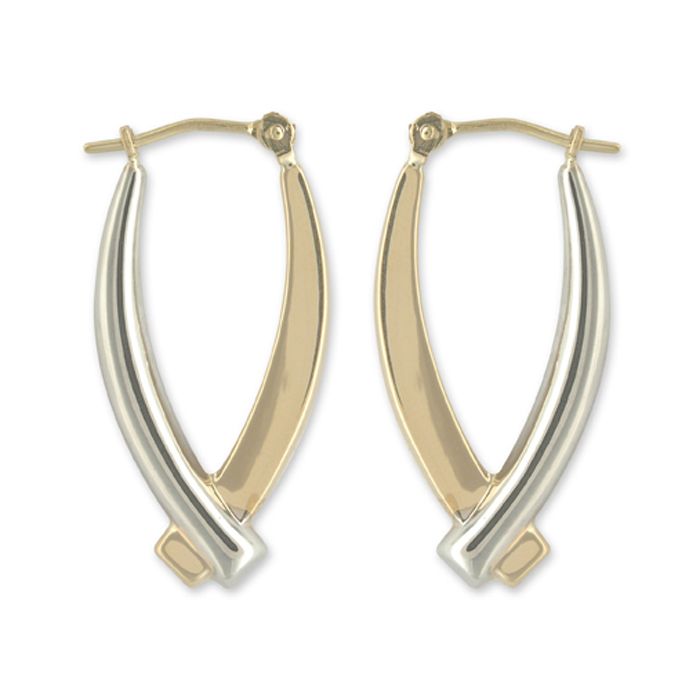 14k Two-tone Elongated Crossed Hoop Earrings