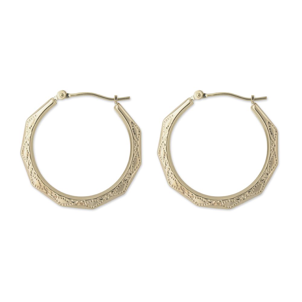 14k Yellow Gold Engraved Hexagon Hoop Earrings 14k Yellow Gold Engraved Hexagon Hoop Earrings