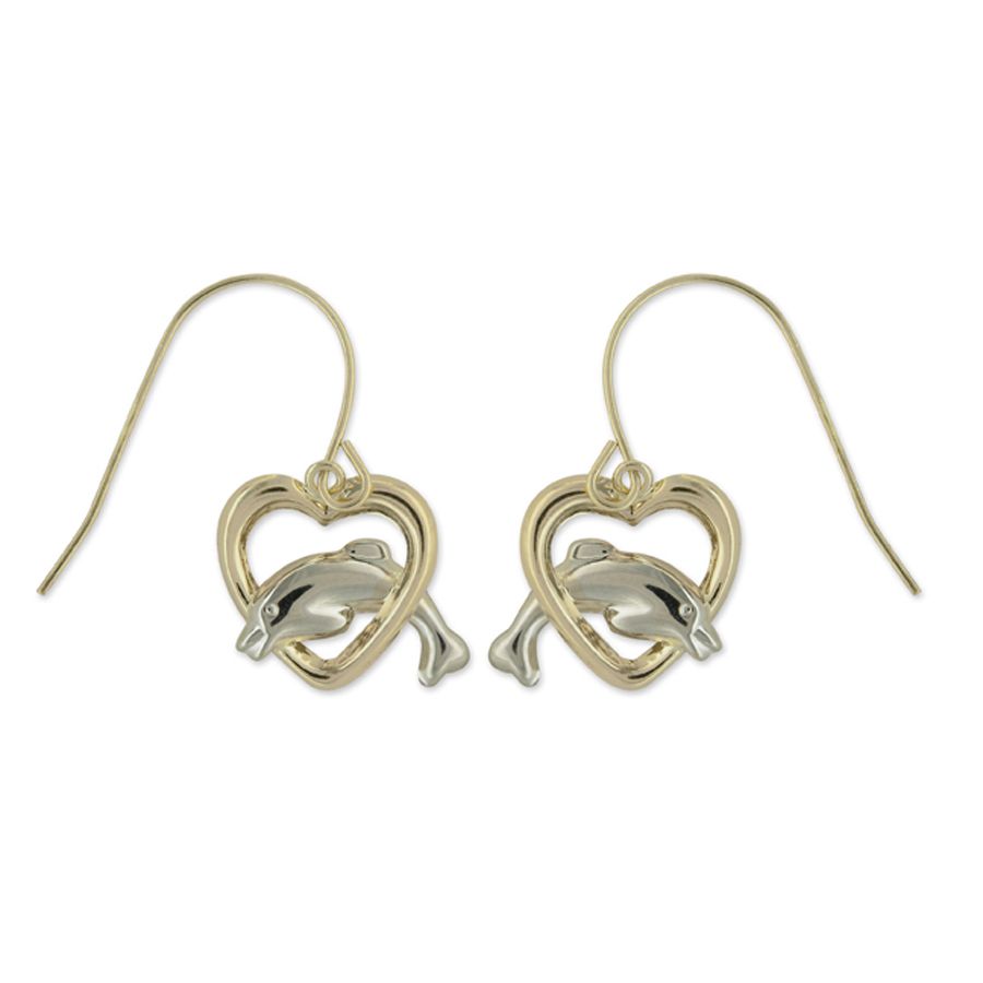 14k Yellow Gold Dolphin in Heart Drop Earrings 14k Yellow Gold Dolphin in Heart Drop Earrings