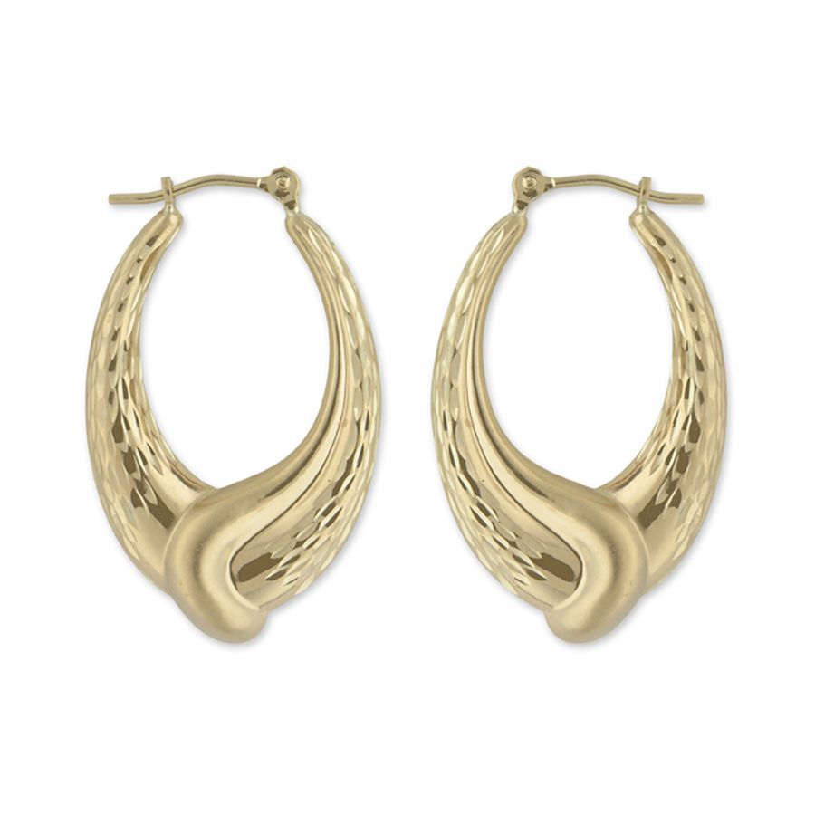 14k Yellow Gold Swirl Oval Hoop Earrings With Sandblast & Diamond Cut 14k Yellow Gold Swirl Oval Hoop Earrings With Sandblast & Diamond Cut