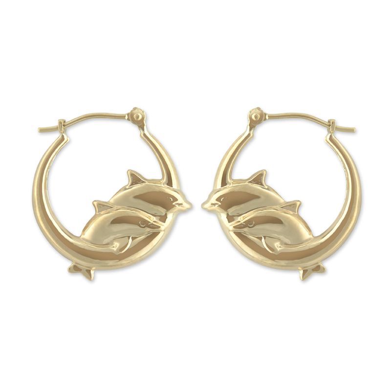 14k Yellow Gold Two Dolphin Hoop Earrings 14k Yellow Gold Two Dolphin Hoop Earrings