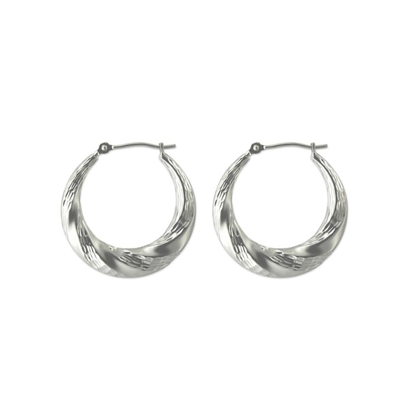 14k White Gold Satin Diamond Cut Fluted Hoop Earrings, Yellow 14k White Gold Satin Diamond Cut Fluted Hoop Earrings, Yellow