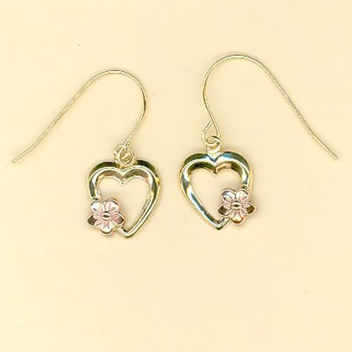 14k Yellow & Pink Gold Open Heart Earrings with Flower 14k Yellow & Pink Gold Open Heart Earrings with Flower