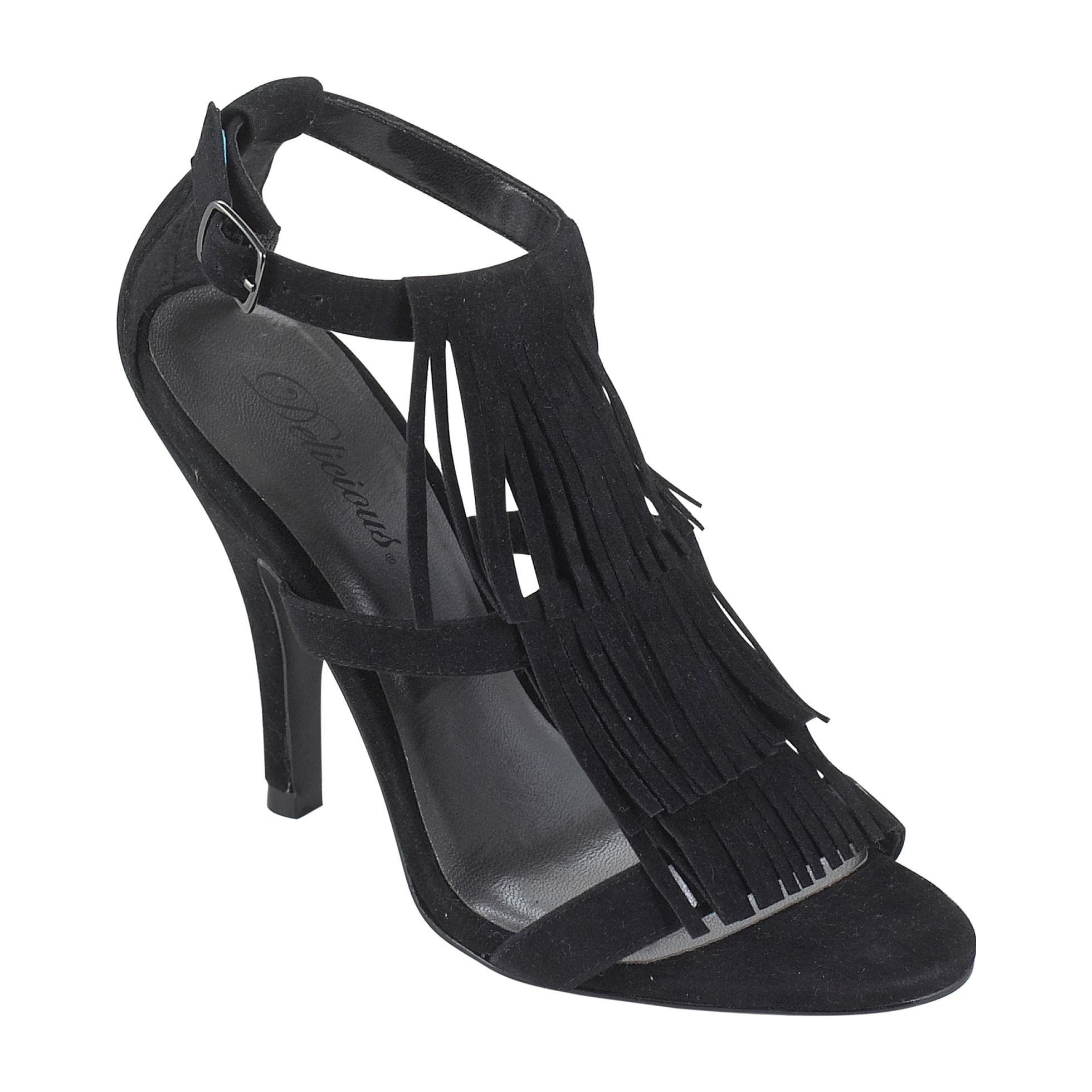 Delicious Women's Glance Sueded Fringe Dress Sandal &ndash; Black