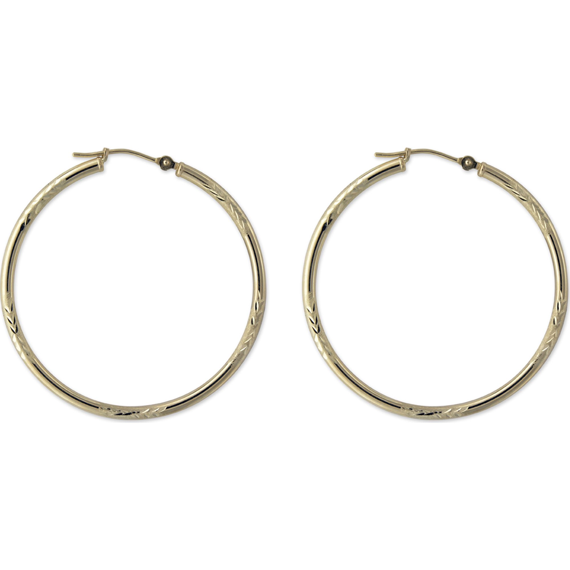 14k Yellow Gold Hoop Earrings with Diamond Cut & Stone Finish 14k Yellow Gold Hoop Earrings with Diamond Cut & Stone Finish