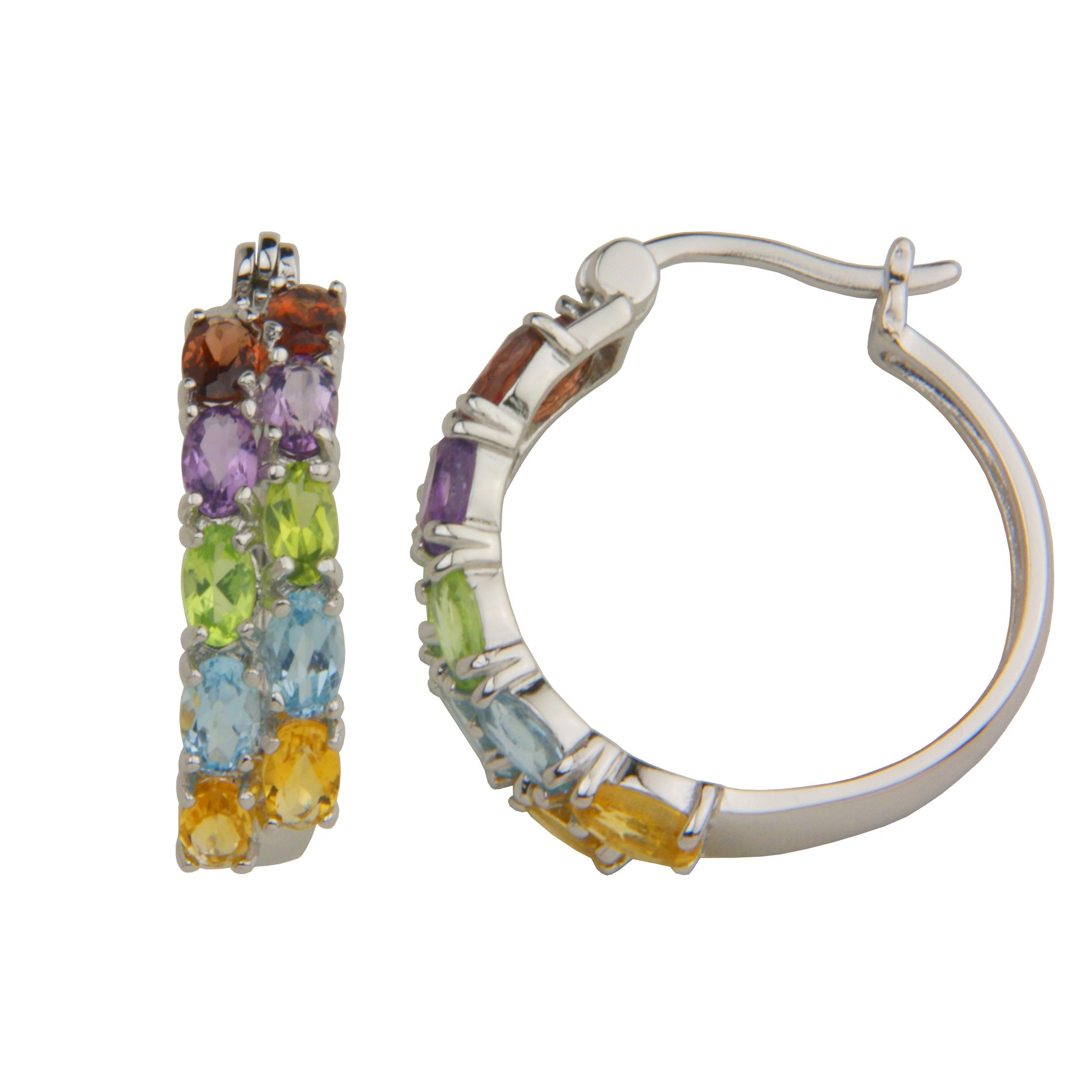 Rhodium Over Sterling Silver Multi Gemstone Hoop Earrings, Multicolored Rhodium Over Sterling Silver Multi Gemstone Hoop Earrings, Multicolored