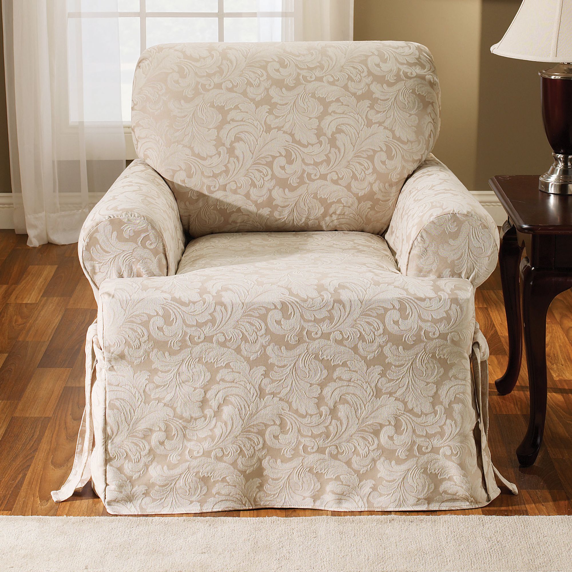 Sure Fit Scroll Champagne T-Cushion Chair Slipcover