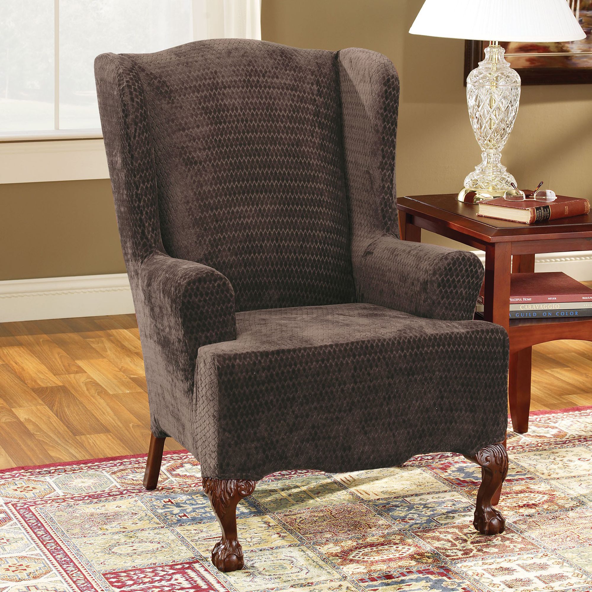 Sure Fit Stretch Royal Diamond Chocolate Wing Chair Slipcover
