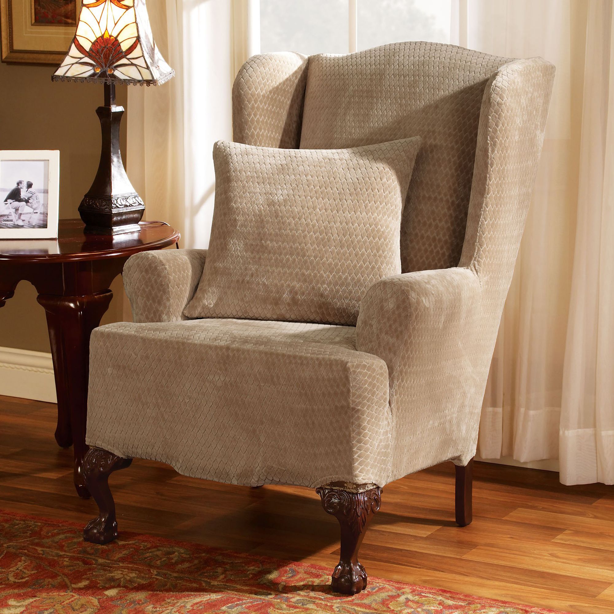 Sure Fit Stretch Royal Diamond Cream Wing Chair Slipcover