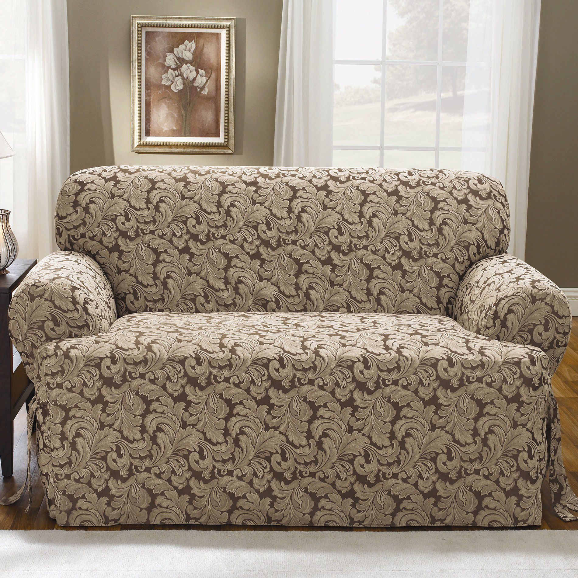 Sure Fit Scroll Brown T-Cushion Sofa Slipcover