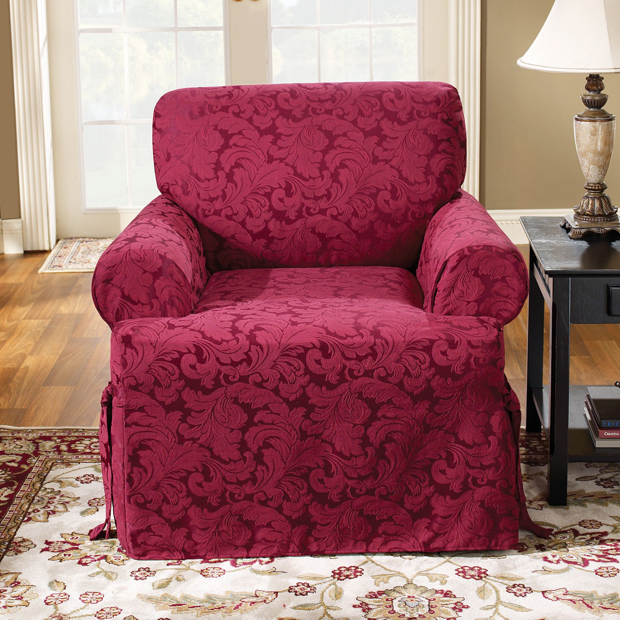 Sure Fit Scroll Burgundy T-Cushion Chair Slipcover