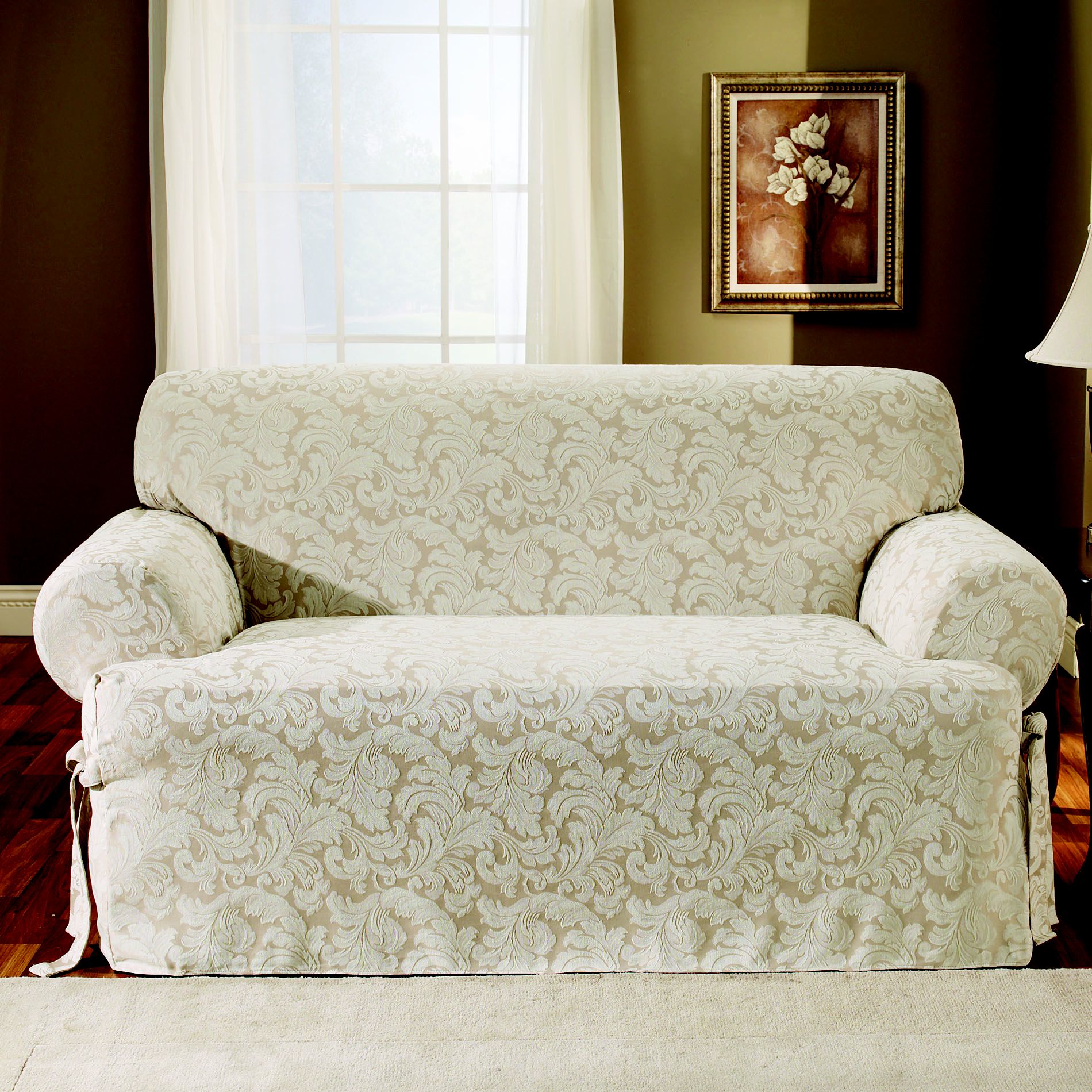 Sure Fit Scroll Champagne T-Cushion Sofa Slipcover