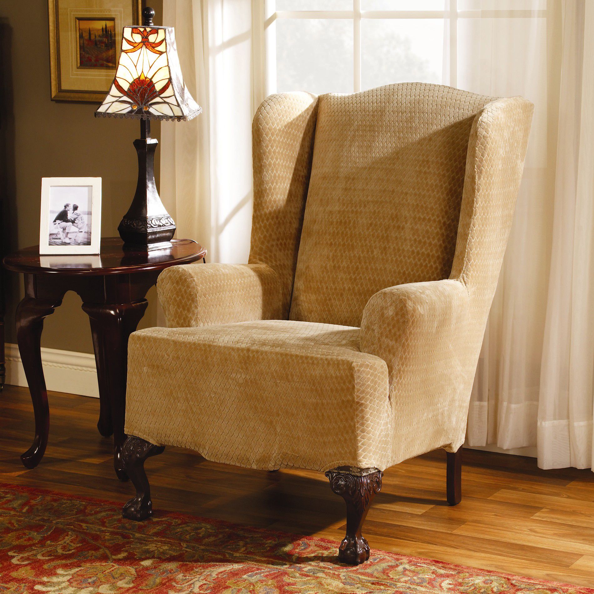 Sure Fit Stretch Royal Diamond Gold Wing Chair Slipcover
