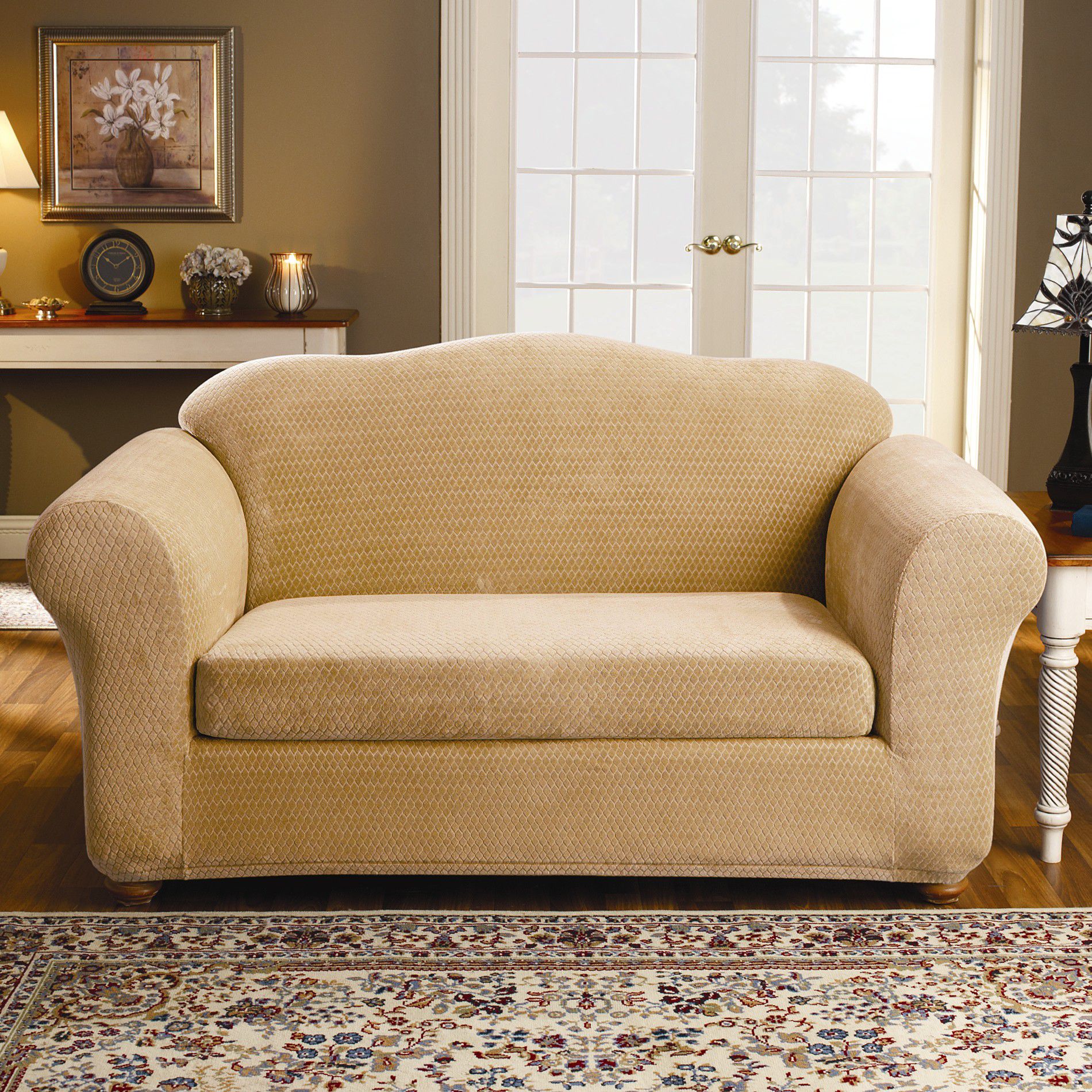 Sure Fit Stretch Royal Diamond Gold 2 Piece Loveseat Slipcover