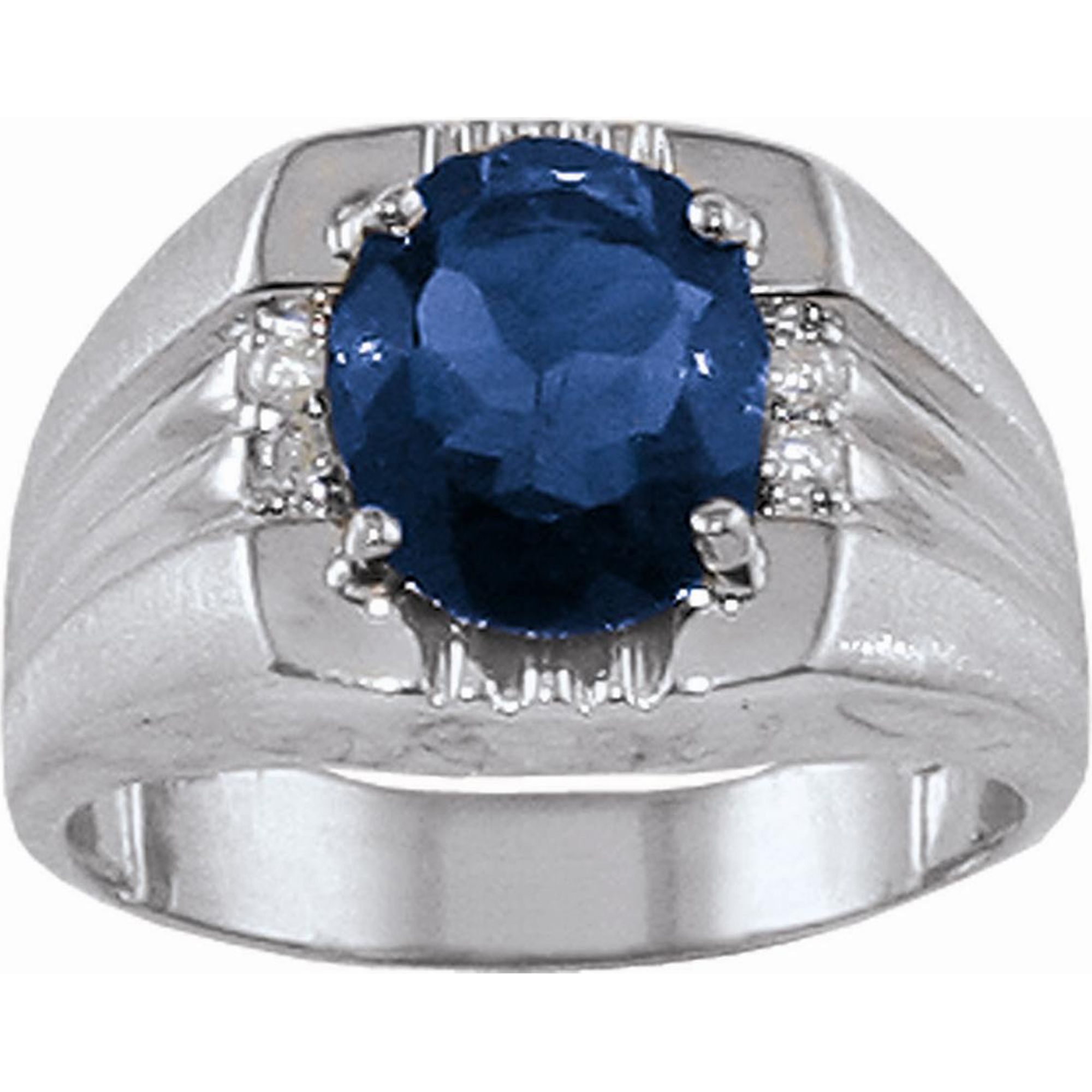 Mens Created Sapphire and Diamond Accent Ring in 10K White Gold