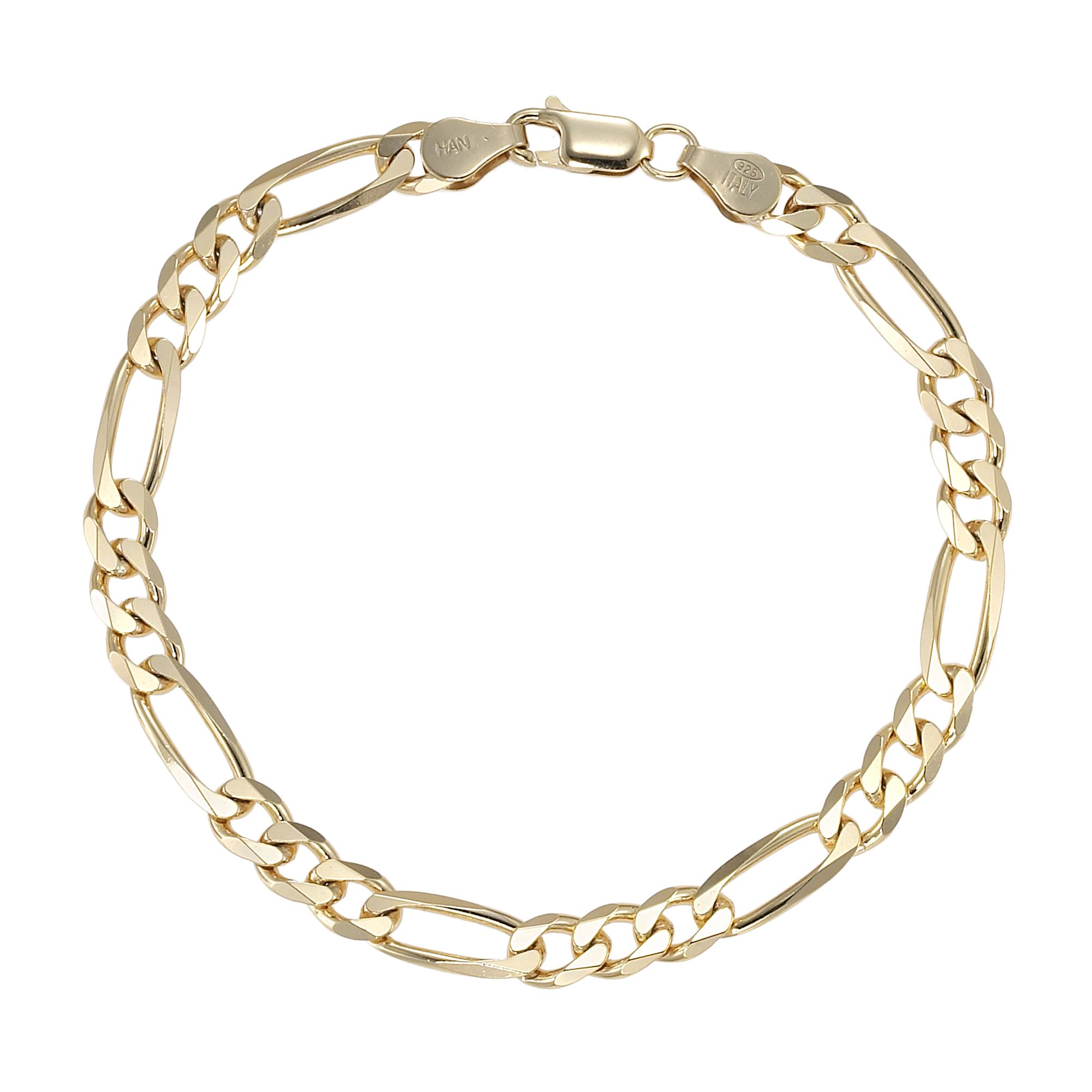 24KT Gold over Sterling Silver Figaro Bracelet, Size: Large, Yellow 24KT Gold over Sterling Silver Figaro Bracelet, Size: Large, Yellow