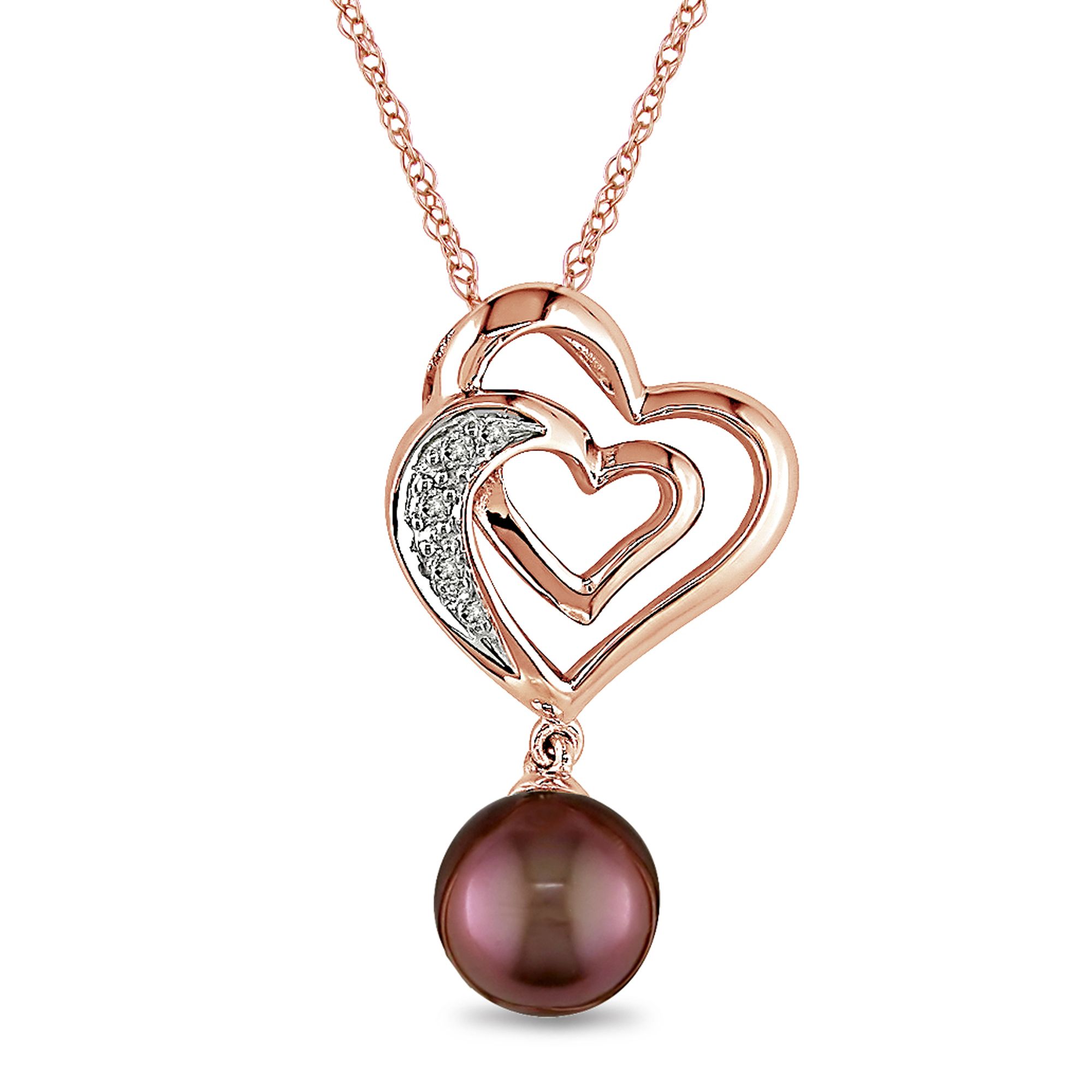 7-7.5mm Brown Cultured Pearl and Diamond Accent Heart Pendant in 10k Pink Gold